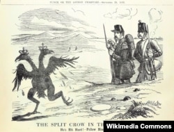 «Двоголова ворона у Криму». Карикатура у лондонському журналі «Панч», 29 вересня 1855 року. Два солдати союзників спостерігають втечу двоголового російського орла. Підпис: «Вона сильно отримала! Добий її!»