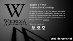 A screenshot of Wikipedia's homepage, which has gone dark in protest at proposed U.S. piracy legislation