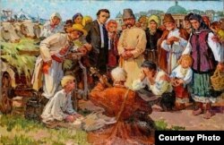 На одному із своїх полотен, присвячених історії Яготина, місцевий художник Микола Малинка зобразив молодого Тараса Шевченка, який любив під час гостин у князів Рєпніних бувати між людьми, слухати місцевих кобзарів на ярмарку біля церкви – 1961; Яготинський державний історичний музей (фотокопія з електронного архіву авторки)