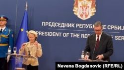 Predsednik Srbije Aleksandar Vučić sa predsednicom Evropske komisije u Beogradu Ursulom fon der Lajen, 15. oktobar 2025.