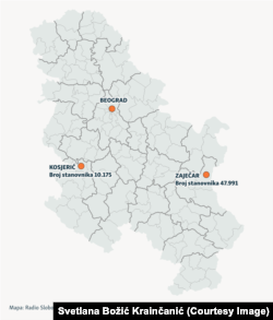 Mapa prikazuje gde se nalaze Kosjerić i Zaječar u odnosu na glavni grad Srbije