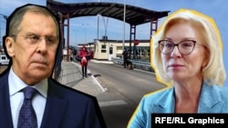 Фотоколаж: Сергій Лавров, міністр закордонних справ Росії (ліворуч), та Людмила Денісова, уповноважена Верховної Ради України з прав людини (праворуч), на тлі адмінкордону з Кримом