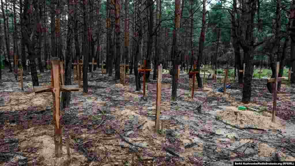 Захоронення знайшли поряд із кладовищем, де під час окупації російськими військами міста Ізюму хоронили людей, які загинули від обстрілів або ж померли природною смертю