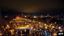 Thousands of demonstrators gather in front of the Bella Center, the venue of the UN climate change conference, in Copenhagen.