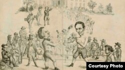 Карикатура 1860 года, изображающая поединок Дугласа и Линкольна за Белый Дом.