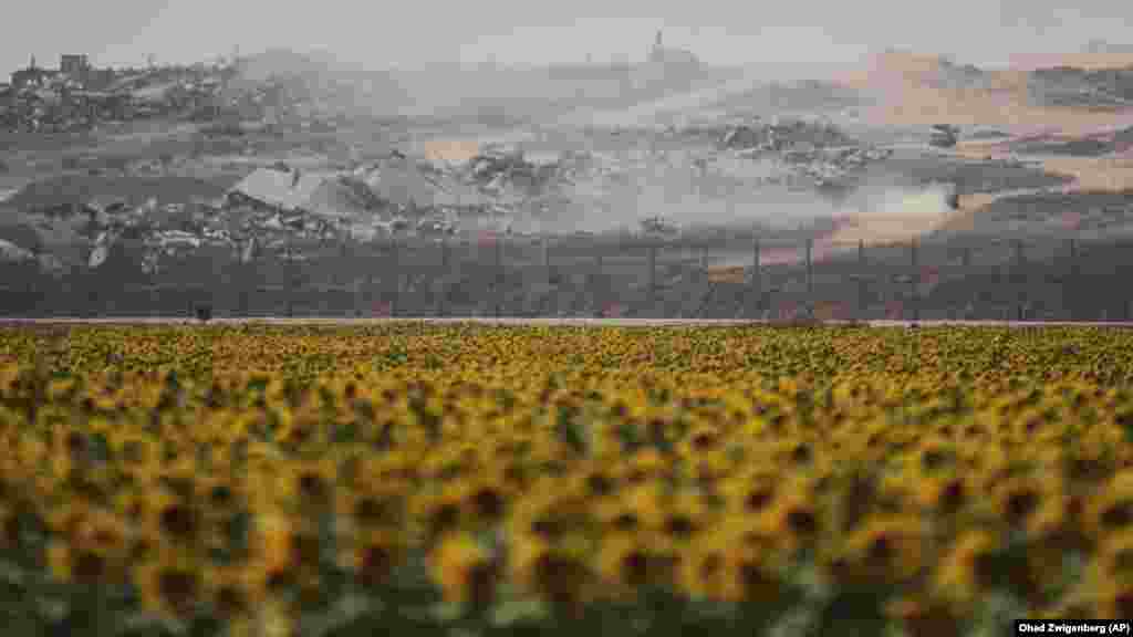 Uništene zgrade u Pojasu Gaze vide se iza polja suncokreta, na izraelskoj strani granice Gaze, 19. maja.