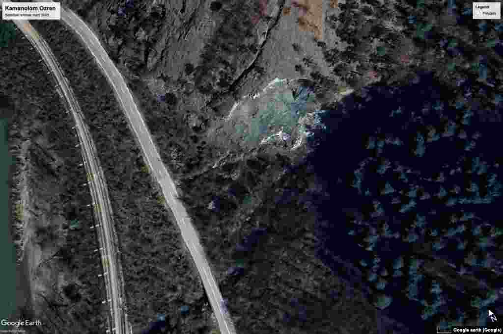 Satelitski snimci kamenoloma na Ozrenu blizu Rječice 2023, nakon početka geoloških istraživanja i situacija iz sredine 2024.