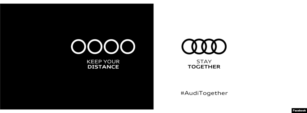 Звичний логотип виробника автомобілів Audi відомий своїми об’єднаними чотирма кільцями та девізом «прогрес завдяки технологіям». У часи пандемії коронавірусу німецька компанія у соціальних мережах вирішила тимчасово роз’єднати кільця: «зберігайте дистанцію, тримайтеся разом», – радить компанія.