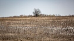 Колючий дріт вздовж лінії зіткнення між КПВВ «Золоте» та окупованим Первомайськом (у полі)