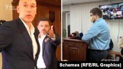 Колаж: колишній голова правління «Укрексімбанку» Євген Мецгер, ексдиректор департаменту інформаційної політики банку Володимир Пікалов та журналіст «Схем» Кирило Овсяний