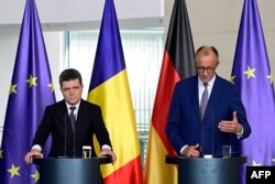 Канцлер Німеччини Фрідріх Мерц та президент Румунії Нікусор Дан виступають на пресконференції у канцелярії в Берліні 18 липня 2025 року