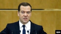 Премʼєр-міністр Росії Дмитро Медведєв під час звіту про роботу уряду у Державній думі, 21 квітня 2015 року