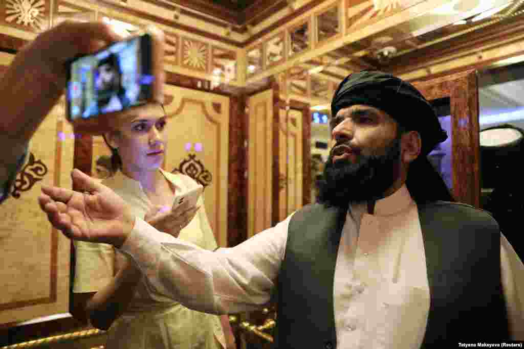 Taliban spokesman Suhail Shaheen after a news conference in Moscow on July 9. The militant Islamist group says it controls some 85 percent of Afghanistan -- a claim that is difficult to confirm. 