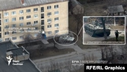БМД-4, с которой постоянно передвигается сержант ВС РФ Борзунов, стоит рядом с домом, в котором убили мирного жителя Бучи Евгения Петрашенко. Утро 5 марта 2022 года. Буча, улица Яблонская