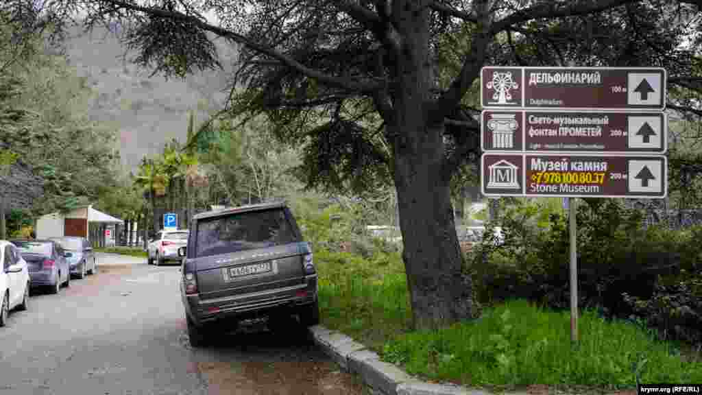 На аллее перед вторым КПП санатория «Крым». Объекты, которые обозначены на туристическом указателе, находятся по ту сторону КПП. Как и заброшенные остатки средневековой Партенитской базилики или храма Святых апостолов Петра и Павла