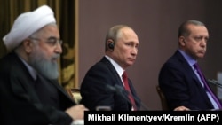 Попередня зустріч президентів Ірану Хасана Роугані (л), Росії Володимира Путіна (в центрі) та Туреччини Реджепа Тайїпа Ердогана (п), Сочі, Росія, 22 листопада 2017 року