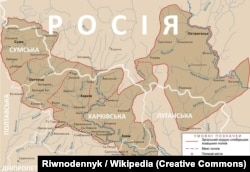 Мапа слобідських українських полків у 1764 році в межах сучасного російсько-українського кордону, який позначений білим кольором. Зараз більша територія Острогозького полку перебуває у складі Росії
