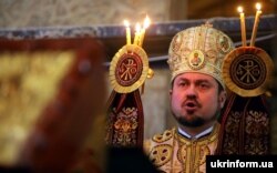 Єпископ Едмонтонський УПЦ Канади Іларіон під час першої Архієрейської Літургії в Патріаршій ставропігії Вселенського патріархату в Андріївській церкві, Київ, 13 грудня 2018 року