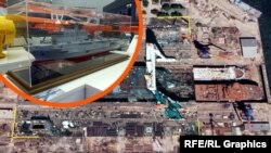 Макет универсального десантного корабля проекта 23900 и спутниковый снимок завода «Залив» в аннексированной РФ Керчи, где строится один из УДК. Коллаж