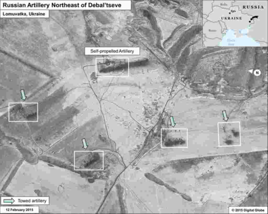 Одна із супутникових фотографій російських військ на Донбасі біля Дебальцева, яку опублікував 14 лютого 2015 року у своєму twitter посол США в Україні  