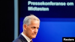 Прем’єр-міністр Норвегії Йонас Гар Стьоре оголошує про визнання Палестини як незалежної держави. Осло, Норвегія, 22 травня 2024 року