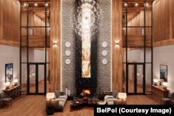 Фойє площею 150 м² із семиметровими стелями на другому поверсі головного котеджу. Ілюстрація з дизайн-проєкту «Концептуальне рішення інтер'єрів комплексу «Красна Поляна». Джерело: BelPol