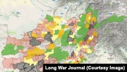 На мапі чорним позначені райони Афганістану, контрольовані талібами, червоним і помаранчевим – контрольовані частково, жовтим і зеленим – де таліби мають присутність, про незафарбовані райони немає даних (квітень 2017 року)