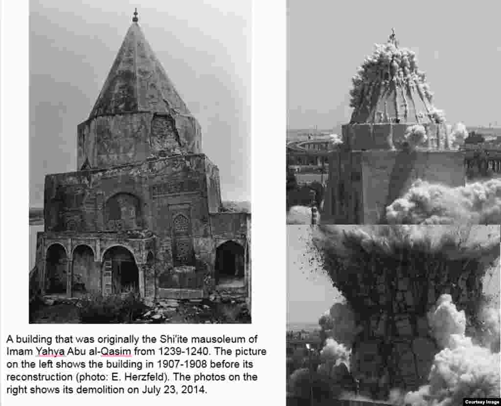 23 июля 2014 года боевики террористической группировки "Исламское государство" взорвали мавзолей имама Яхьи постройки 13 века. На снимке слева - здание мавзолея до реконструции в 1908-1909 годах 