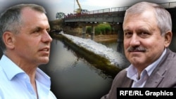 Фотоколаж: підконтрольний Росії спікер кримського парламенту Володимир Константинов (ліворуч) та український політик Андрій Сенченко (п) на тлі мішкової дамби на Херсонщині