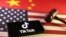 Флаги США и Китая, логотип TikTok и молоток судьи. Коллаж