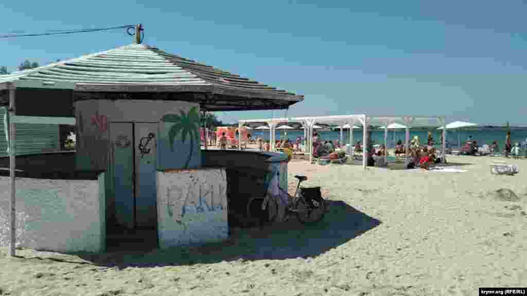 Пляж в центре поселка Черноморское на западе Крыма. Вокруг него сосредоточена основная местная курортная инфраструктура: кафе, рынок, сувенирные точки и прочее. Каких-либо признаков организованного соблюдения рекомендаций Роспотребнадзора о дезинфекции пляжного инвентаря и наличии антисептиков на пляже не наблюдается. Но поскольку на нем не очень много людей, им удается соблюдать социальную дистанцию