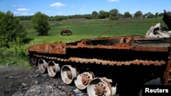 Лошадь пасется рядом с подбитым российским танком. Чупаховка, Украина, 24 мая 2022 года.