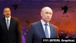 Коллаж: Алиев, путин, атака дронов