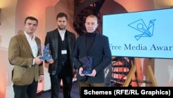 Журналісти «Схем» Максим Савчук і Олександр Чорновалов та автор Радіо Свобода Станіслав Асєєв