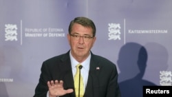 Глава Пентагона Эштон Картер на пресс-конференции в Таллине