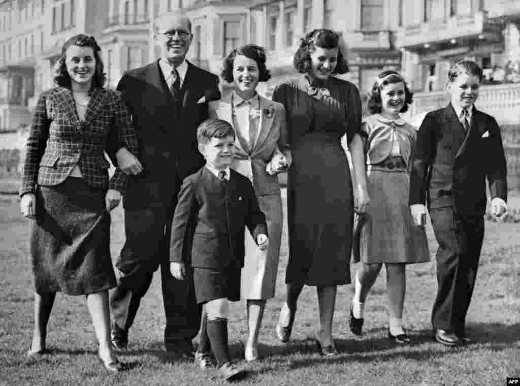 John Fitzgerald Kennedy's father, Joseph Kennedy (second left), and his mother Rose (third left), seen here in London in 1938 with JFK's siblings (left to right) Kathleen, Edward (Ted), Patricia, Jean, and Robert.