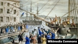 "Уничтожение чая в бостонской гавани". Литография Натаниэля Каррьера. 1846