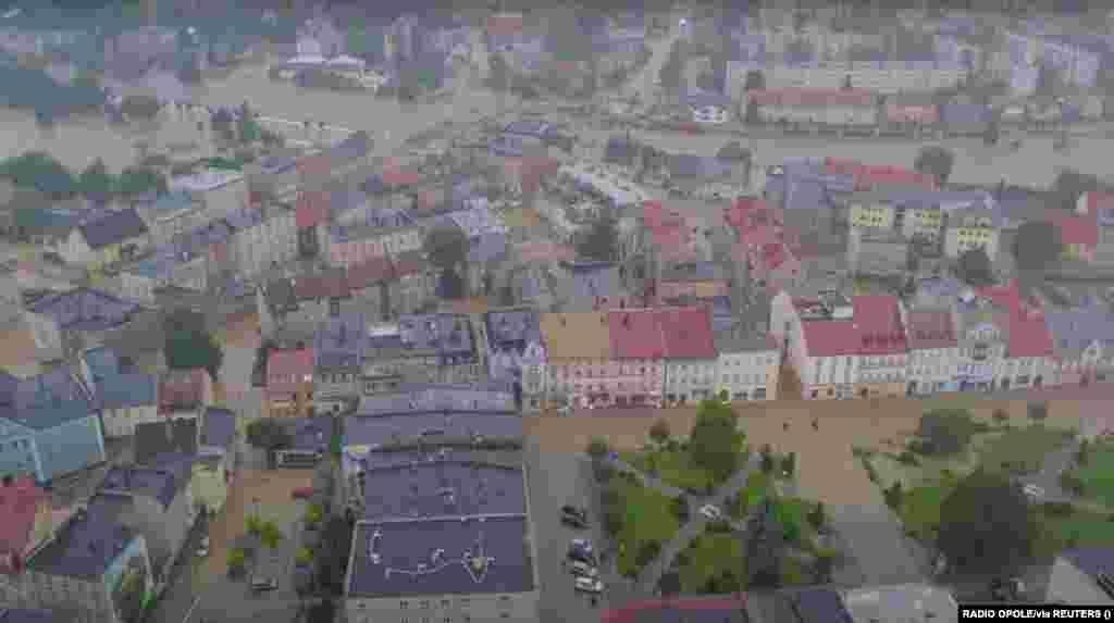 A drone captures the flooded landscape in Glucholazy, southwestern Poland.  