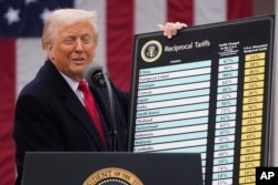 Президент Дональд Трамп виступає під час заходу з оголошення нових тарифів у розарії Білого дому 2 квітня 2025 року