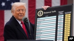 Президент США Дональд Трамп оголошує запровадження мит на імпортні товари у Білому домі, Вашингтон, США. 2 квітня 2025 року