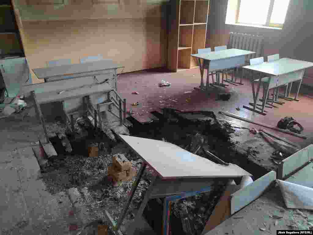 A fire-damaged school in the village of Maksat in the Leilek district of Kyrgyzstan. In addition to the destruction of homes, Kyrgyz officials said two schools, one medical clinic, two border checkpoints, a kindergarten, 10 gasoline stations, a police building, and eight shops were destroyed in Kyrgyzstan's southwestern region of Batken.