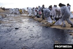 Волонтери прибирають просочений нафтою пляжний пісок поблизу чорноморського курортного міста Анапа, грудень 2024 року