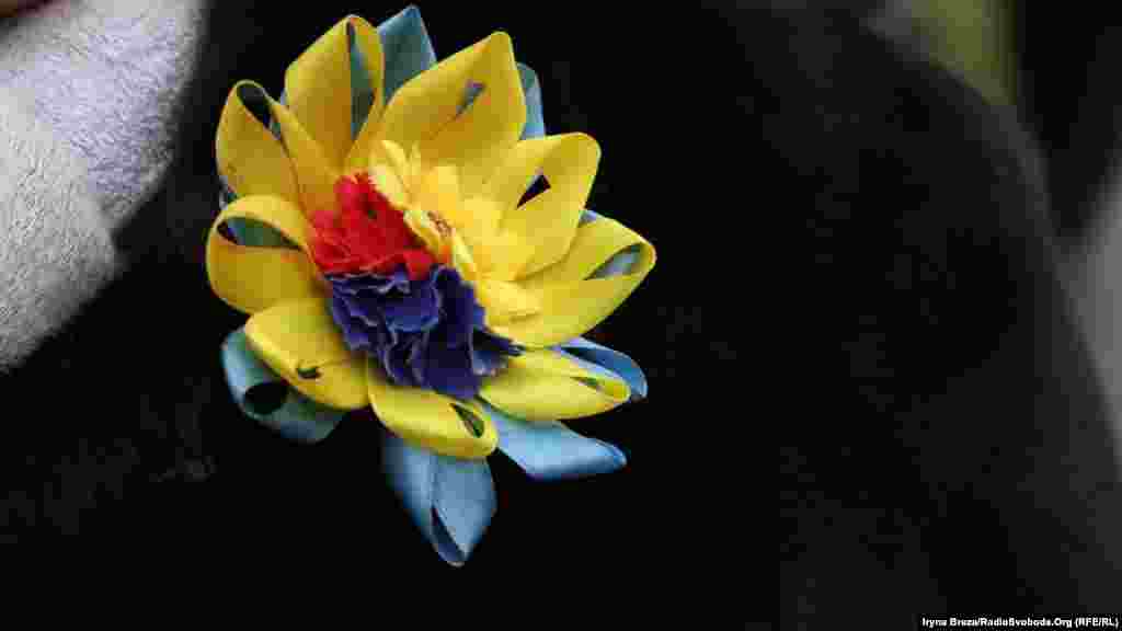 Саморобна бутоньєрка учасниці акції, зроблена у державних кольорах та червоно-чорній символіці 