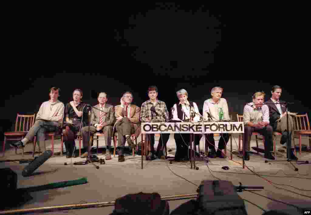 Leaders of the Obcanske forum (Civic Forum) opposition group meet at their ad hoc headquarters in a Prague theater. Vaclav Havel is seated second from the right. 