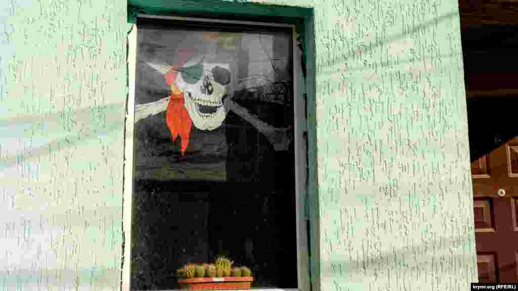 Домашние кактусы за окном под «веселым роджером»