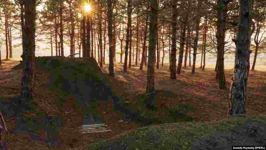 В лесопосадке под обрывами парка «Битак» в Симферополе оборудовали площадки по дерт-джампингу – прыжкам на горных велосипедах над земляными трамплинами. Декабрь 2019 года