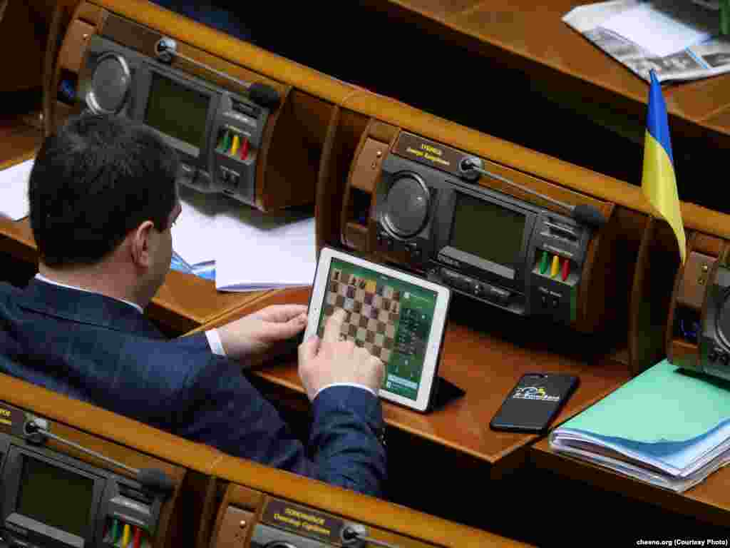 Якщо на роботі нудно, депутати знайдуть, чим себе розважити. Член депутатської фракції «БПП» Дмитро Лубінець, наприклад, знімає стрес із допомогою шахової партії