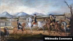 Джордж Вашингтон и его войска в форте Камберленд, штат Мериленд, перед походом на усмирение восстания из-за виски в западной Пенсильвании. Неизвестный художник. 1795