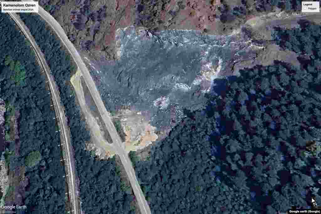 Satelitski snimci kamenoloma na Ozrenu blizu Rječice 2023, nakon početka geoloških istraživanja i situacija iz sredine 2024.