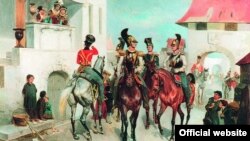 Встреча офицеров русской гвардейской кавалерии с жителями одного из европейских городов. Картина Готфрида Виллевальде